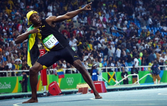 Usain Bolt in Rio 2016, celebrating 100-m gold with his signature pose.