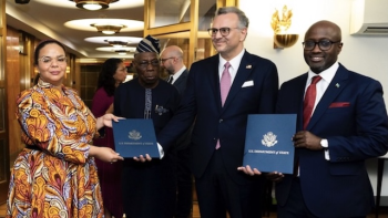 Massad Boulos in  Signing Ceremony with DR Congo  Foreign Affairs Minister Therese Kayikwamba Wagner  and  Rwandan Foreign Affairs Minister Olivier Nduhungirehe in DC on April 25,  2025